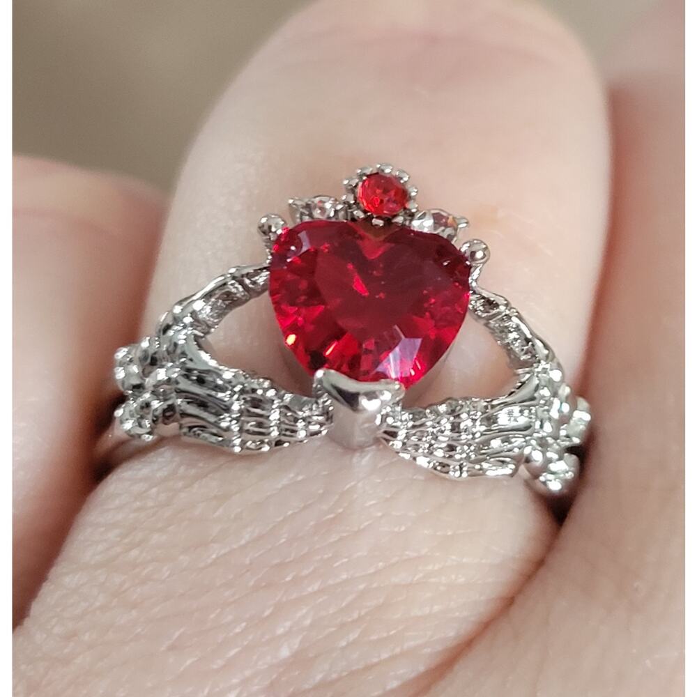 Size 8 gothic claddagh ring, skeleton hands holding red crystal heart